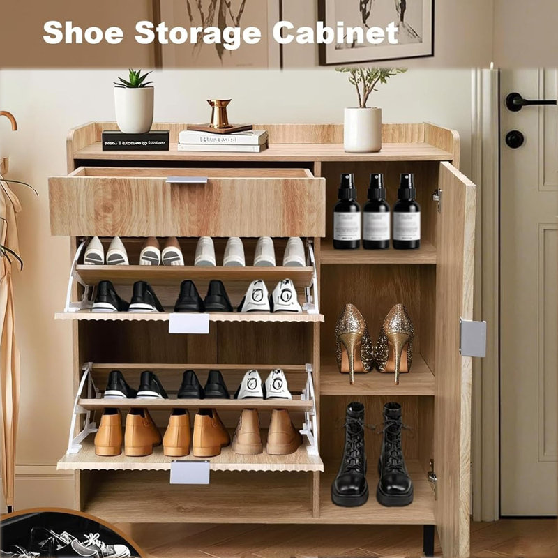 Hidden Narrow Shoe Cabinet With 2 Flip Drawers, 1 Side Cabinet