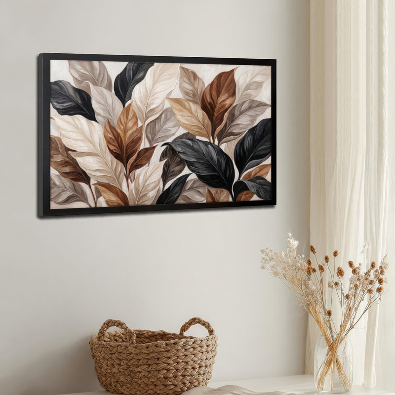 Art mural sur toile noir encadré pour le salon, la chambre à coucher, le bureau ou le vestibule - décoration murale décorative avec motif de feuilles
