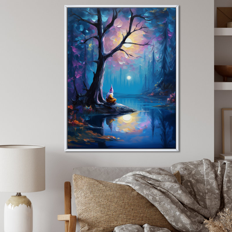 Gnome méditant en pleine lune, forêt magique sur toile, H 32 po x l 24 po x P 1 po, Cadre flottant blanc