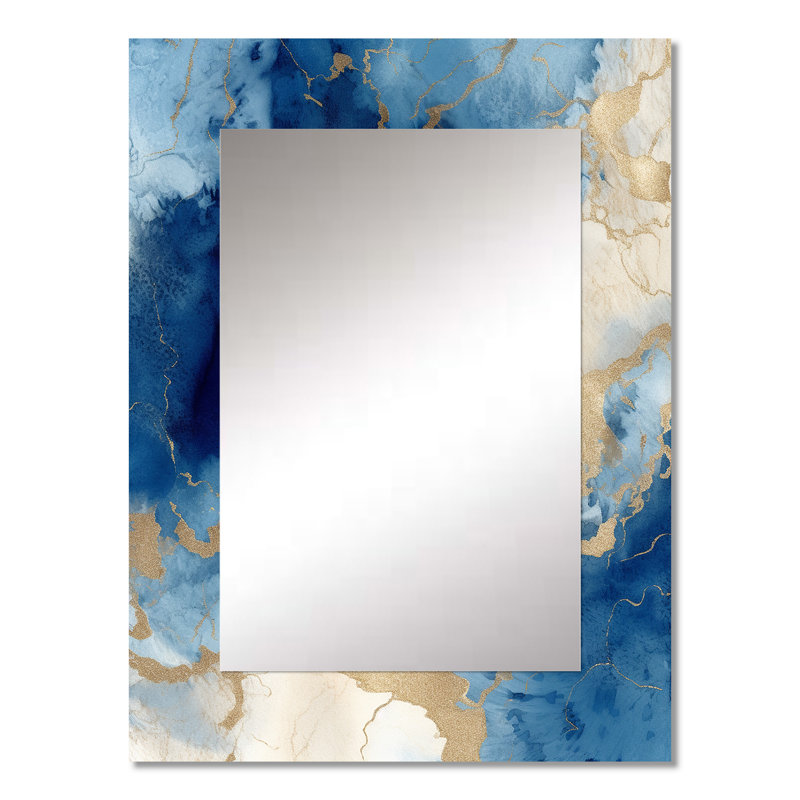 Blue and Gold Marble Clouds X - Abstract Decorative Mirror On Metal, 32" x 24"