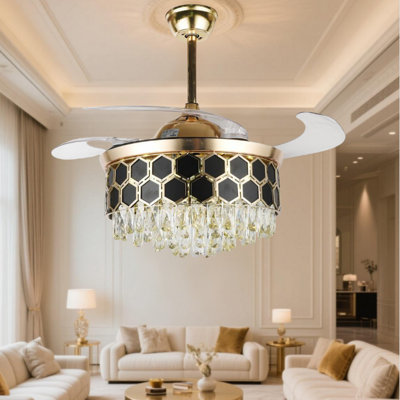 42-inch Black Light Luxury Crystal Invisible Ceiling Fan Light With Remote Control