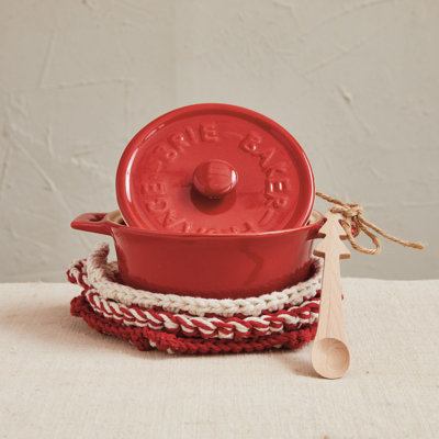 Stoneware Brie Baker With Wood Tree Shaped Spoon And Reactive Glaze