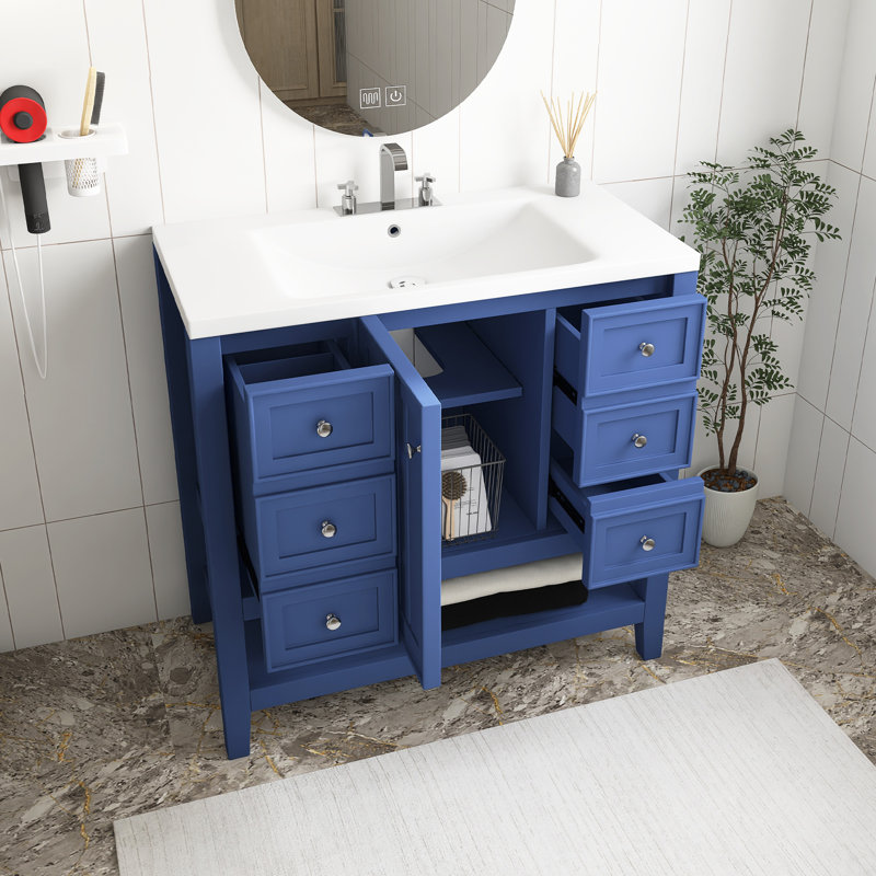 Meuble-lavabo autoportant 36 po avec lavabo en céramique 36 po, Bleu