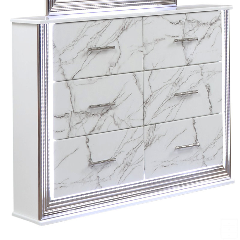 Dresser Marble Patterned Drawer Fronts With Sleek White Finish, Metallic Handle  And Six Spacious Drawers