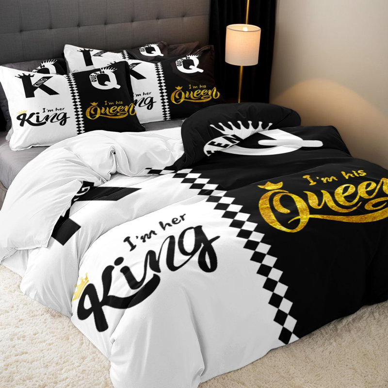 Ensemble de housse de couette en microfibre avec très grandes valises Valentine, Blanc/Noir