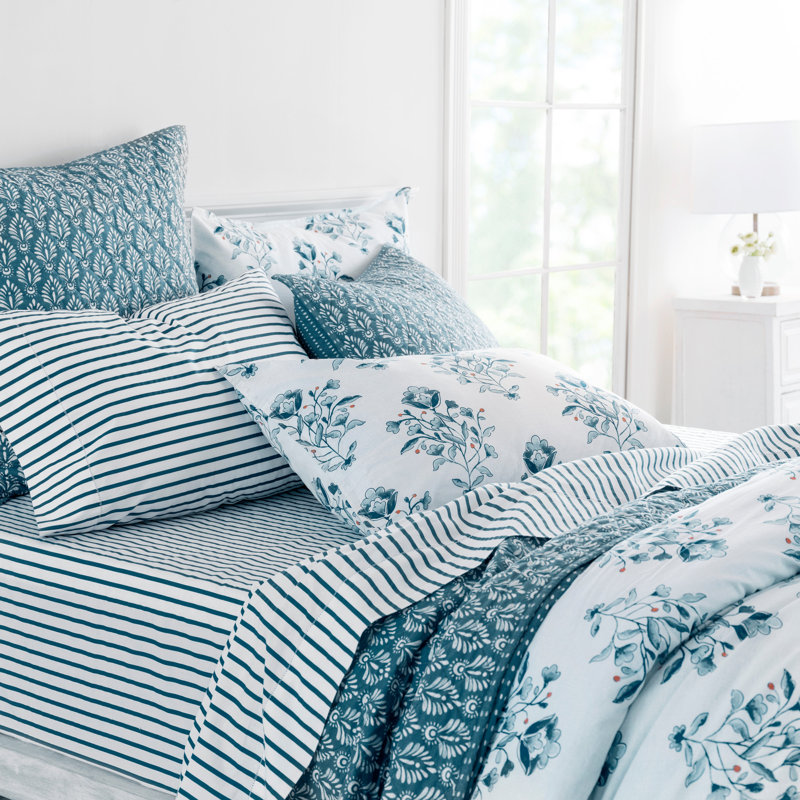 Ensemble de draps en percale 100% coton rayé à densité de tissage 200 Leo, Sarcelle indienne, Grand