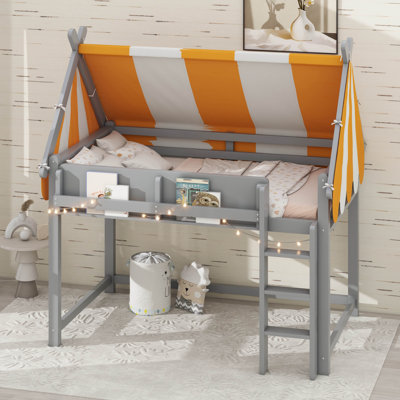 House Loft Bed With Canopy, LED Lights & Bookshelves, Wood Loft Bed With Tent & Storage Shelves