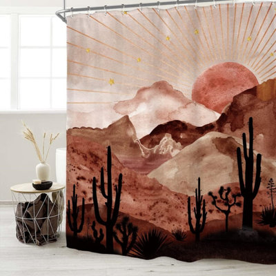 Abstract Mountain Shower Curtain Set With 12 Hooks - Waterproof Polyester Bathroom Decor Featuring Sunset Sunrise Mid-Century Terracotta Cactus Desert Design