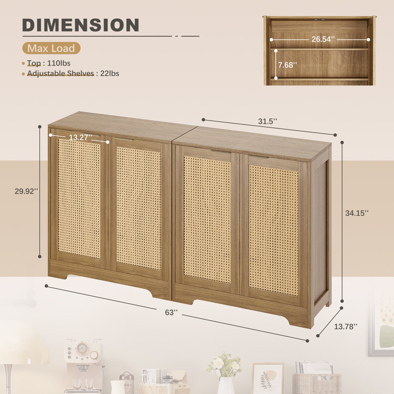Beige Rattan Door Sideboard Set with Adjustable Shelves