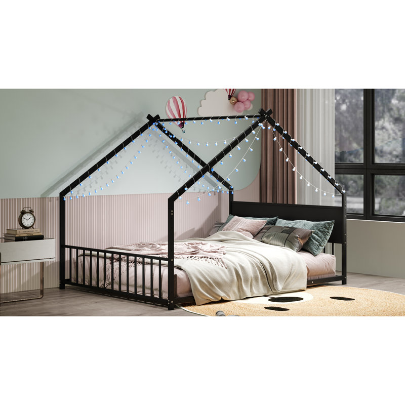 Lits de maison moderne avec structure en métal, lumières colorées et construction robuste pour les enfants
