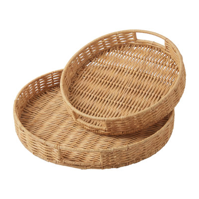 14 in. & 10 in. Round Handwoven Rattan Serving Tray Set of 2 with Built-in Handles, PVC Wicker Storage Baskets for Coffee Table Living Room Bedroom Kitchen Decor, Light Brown