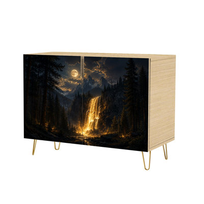 Buffet avec rangement dissimulé 2 portes Waterfall Forest Mountain Night Golden Light Dramatic Scenery