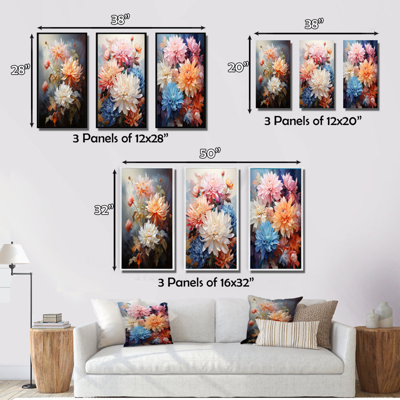«Peach White Mums Romantic Impression», 3 pièces, Toile tendue, H 20 po x l 36 po