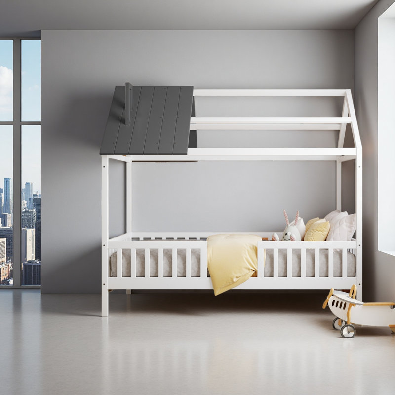 Twin Size Wood House Bed With Fence, Gray/White