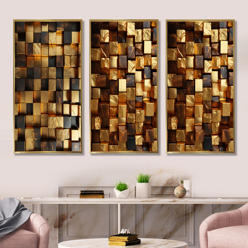 Cubes abstraits noirs et dorés I - Ensemble de 3 reproductions de toiles géométriques abstraites, Cadre flottant doré