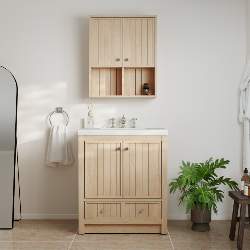 Ensemble de meuble-lavabo mural 30 po avec comptoir à quartz blanc Thassos 2 po et armoire murale assortie
