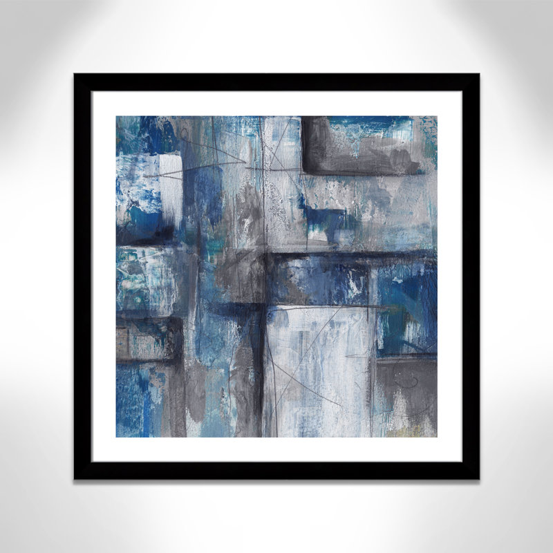 Patchwork abstrait II - peinture encadrée, Papier encadré noir mat, H 33,5 po x l 33,5 po x P 1,25 po