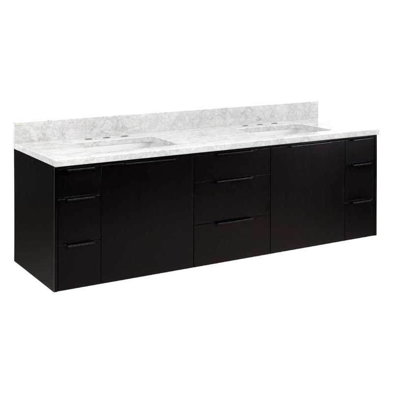 72" Dita Double Bathroom Vanity Set with Rectangular Undermount Sinks, Carrara Marble, 8" Widespread, Black