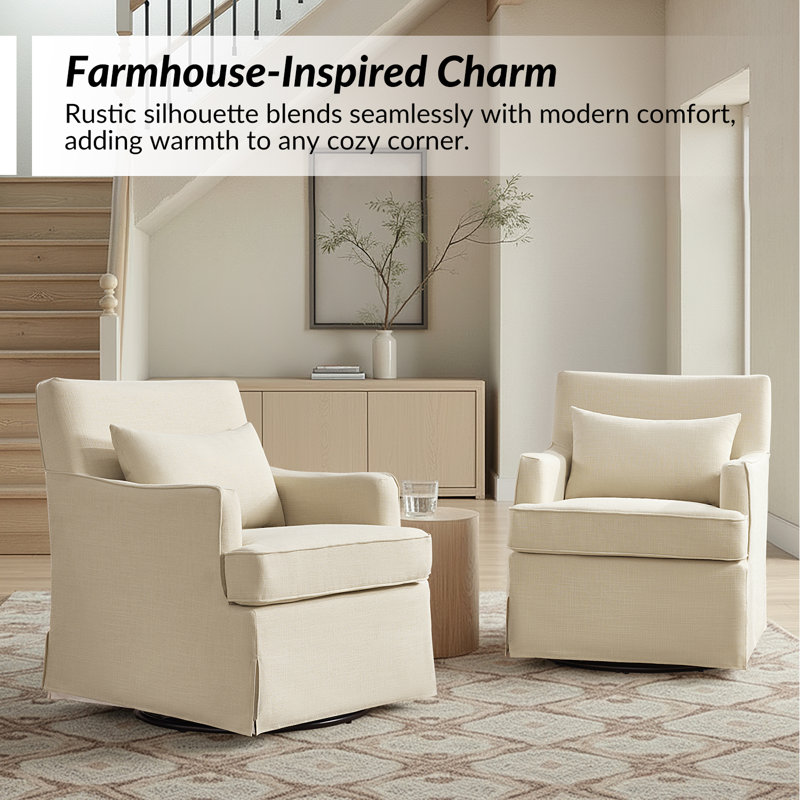 Jaxon 28.5"W Farmhouse Slipcovered Farmhouse Slipcovered Swivel Rocking Chair with Pillow Back, Linen