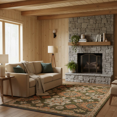 Tincie Bohemian Tribal Medallion Green / Terracotta Wool Blend Area Rug