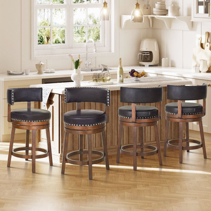 360° Swivel Bar & Counter Stool with Nailhead Trim, Upholstered Solid Wood Bar Chair for Kitchen Island