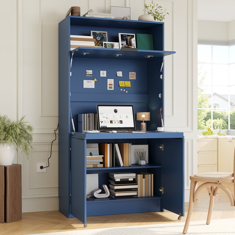 Buffet de cuisine compact autoportant avec huche, poste de travail rabattable et prise de courant intégrée, tablettes réglables, 35,8 po x 15 po x 69 po