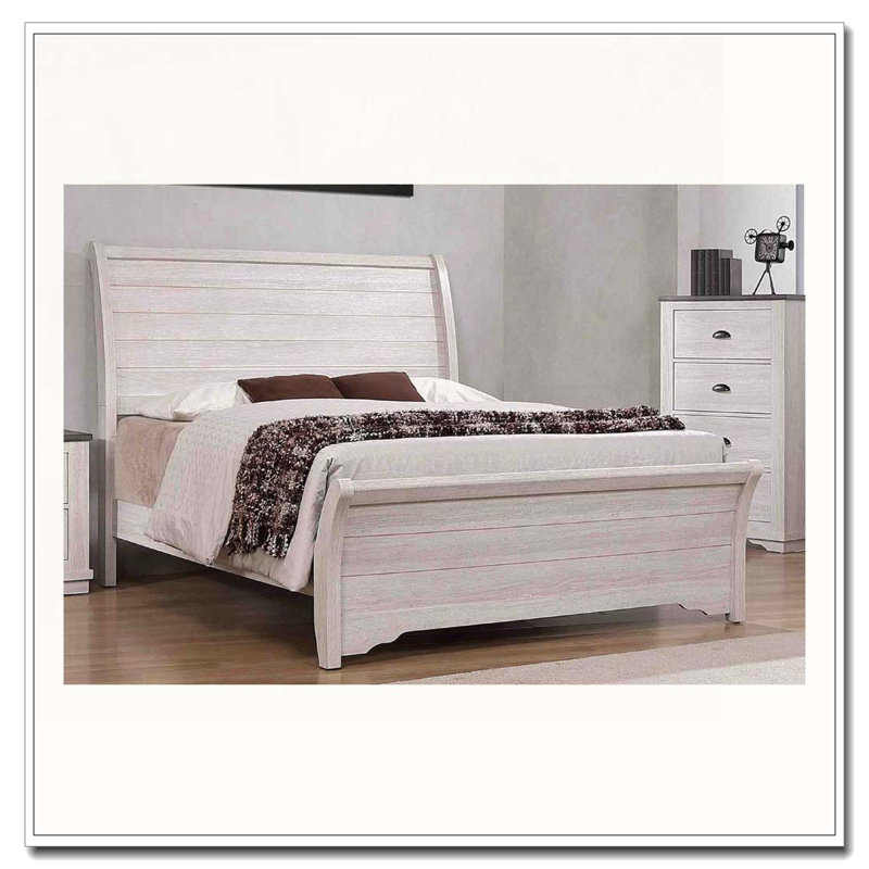 Lit plateforme Rustic Wood, Blanc cassé / gris