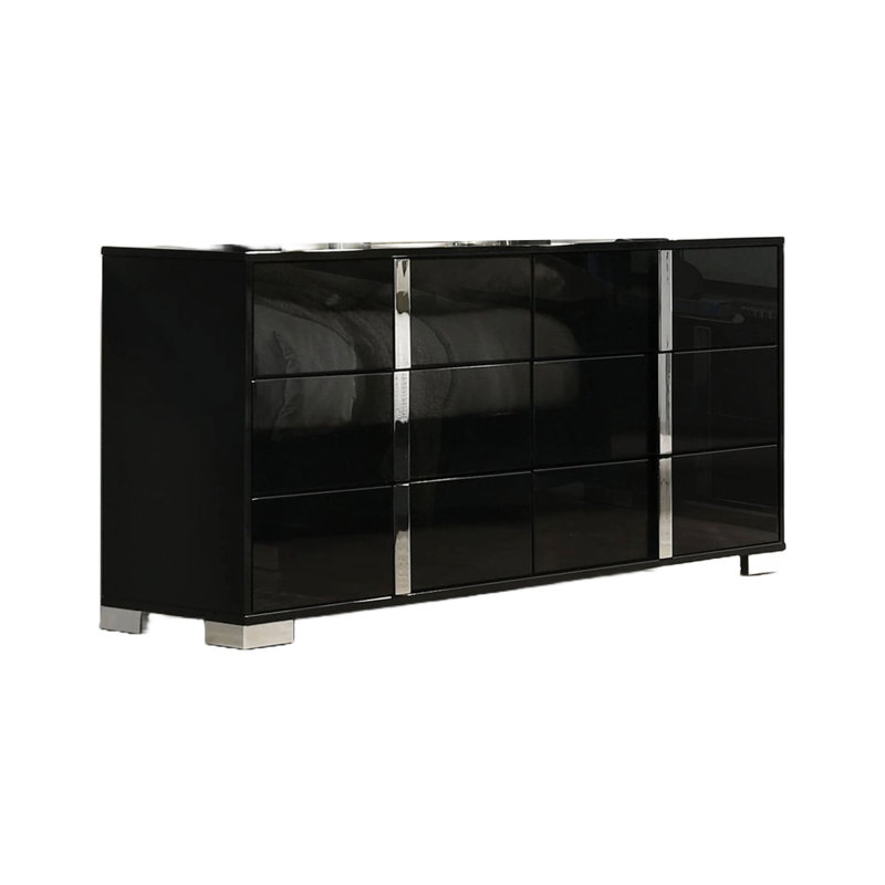Suni Wide Dresser, Piano Wood With UV Finish, 6 Drawers, Piano Black/Chrome