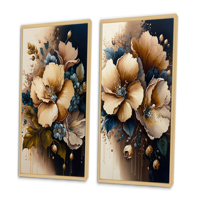 «Bouquet d'hibiscus brun et bleu», 2 pièces sur toile, Encadrement brun, H 20 po x l 24 po