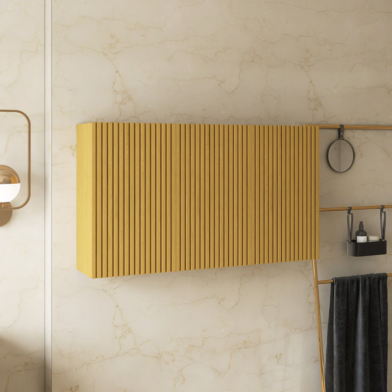 Armoire de salle de bain murale à rayures, avec portes, tablette et compartiment de rangement ouvert, couleur chêne doré