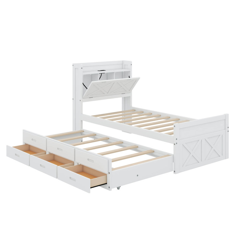 Lit simple en bois avec tête de lit avec prises de courant, lit extensible avec lit gigogne simple avec trois tiroirs de rangement
