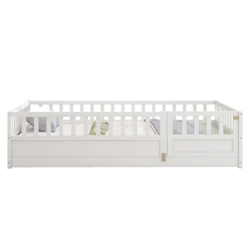 Montessori Wooden Floor Bed with High Security Barrier, Door, Kids Floor Bed Frame, Integral Construction, Twin, White