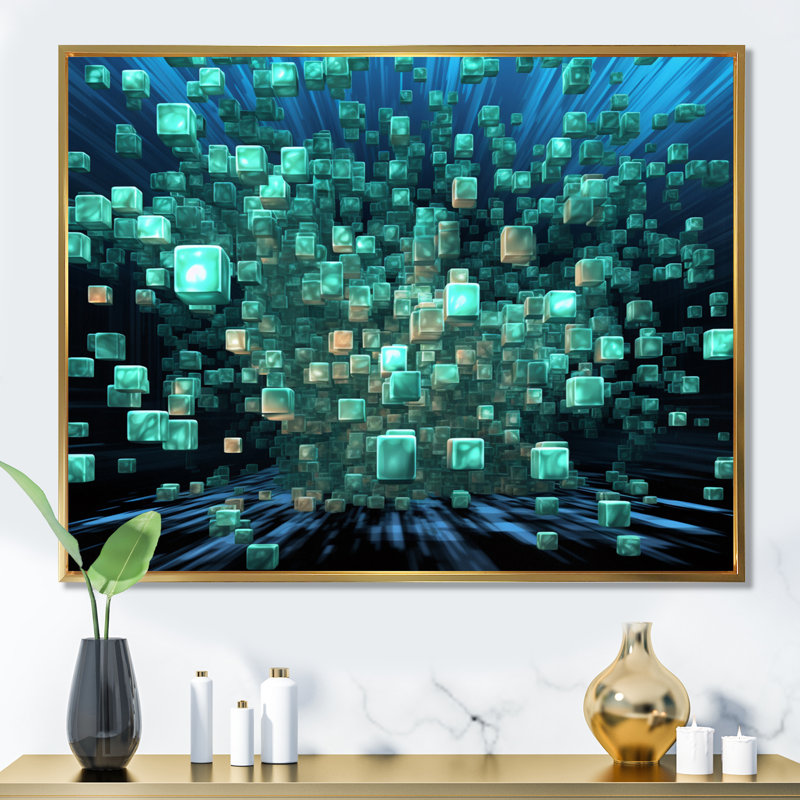 Matrix galaxie abstrait bleu foncé et turquoise - imprimé, H 12 po x l 20 po x P 1 po, Cadre flottant doré