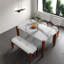 Ensemble de table de salle à manger beige peu encombrant, aspect marbre et bois d'hévéa, style moderne pour une salle à manger familiale
