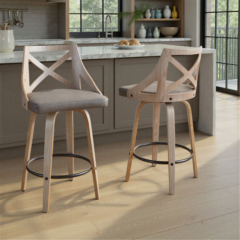 Tabouret de comptoir à hauteur fixe avec pivot en bois gris clair et similicuir avec repose-pieds rond en métal noir - ensemble de 2