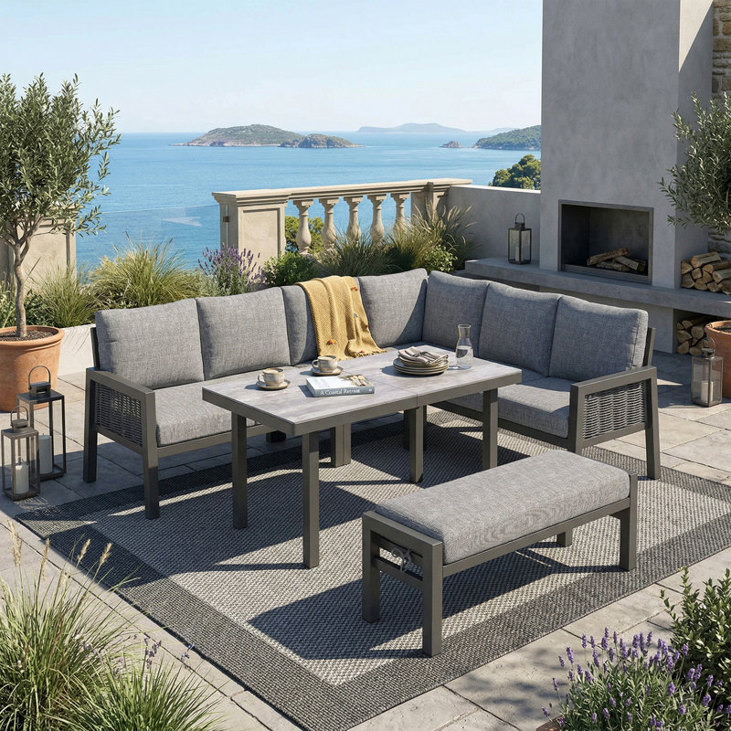 8-Seater Patio Lounge Set With Corner Sofa And Bench, Gray Cushion/Black Frame