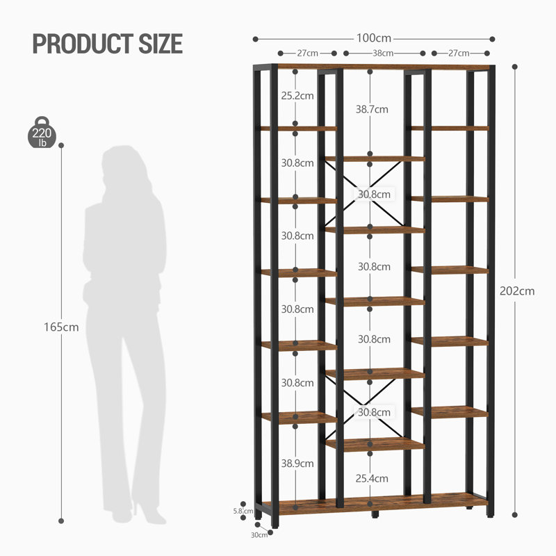 200cm H x 100cm W Bookcase, 200cm H x 100cm W x 30cm D, Rustic Brown/Black