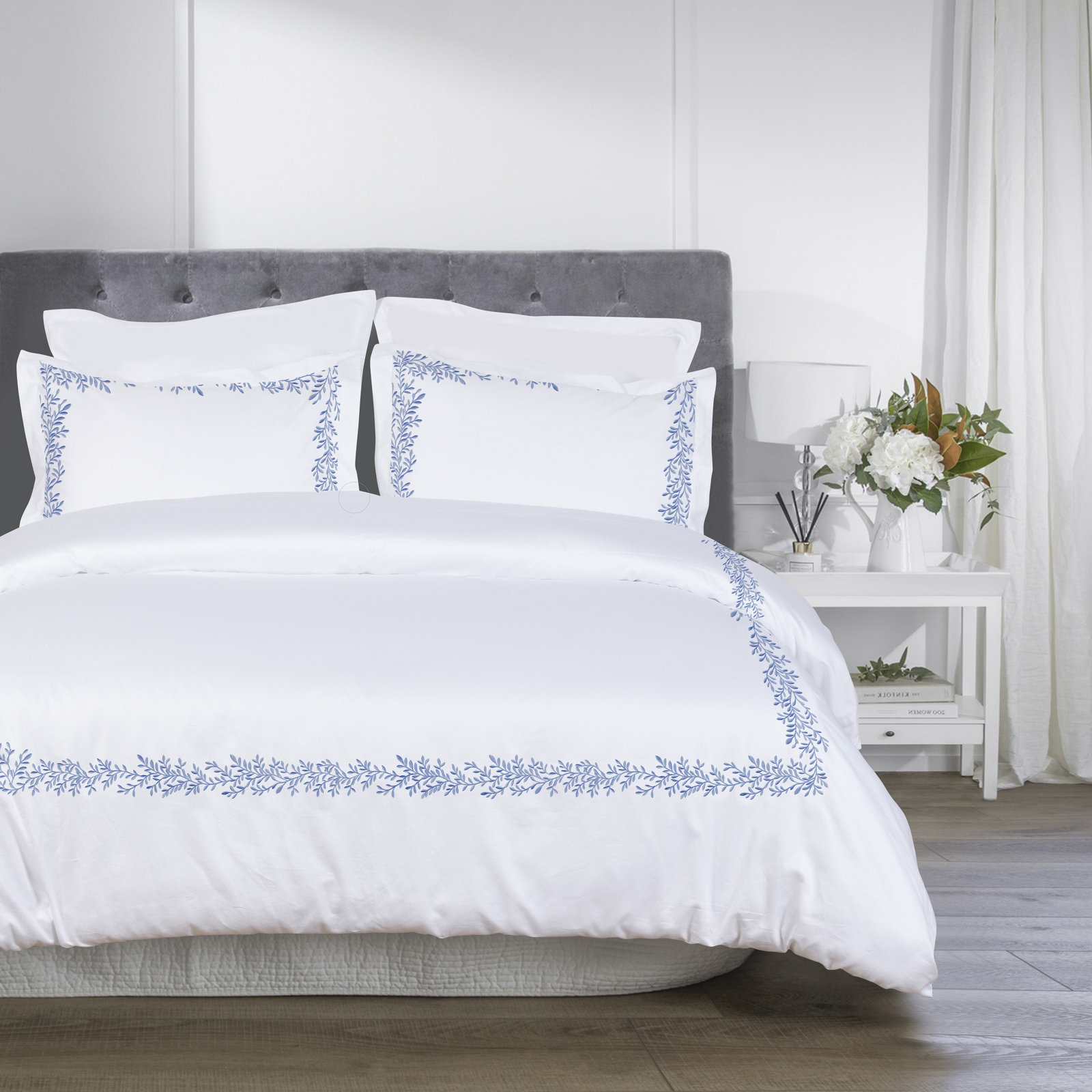 Benna Sateen Duvet Cover Set, Blue/White, King Duvet Cover + 2 King Shams
