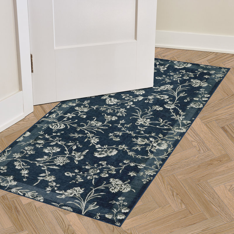 Dark Navy Floral Chenille Machine Washable Non-Slip Rug Set