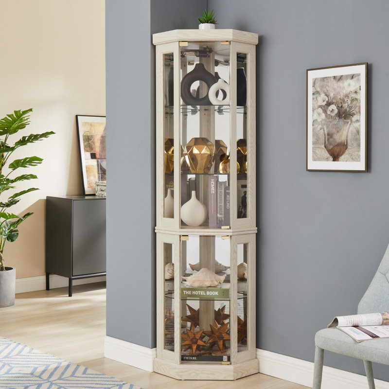 Lighted Corner Curio Cabinet  Display Case For Living Room, Antique Collectibles, Wine & Bar Glass Storage  Elegant Corner Design With Lights Included