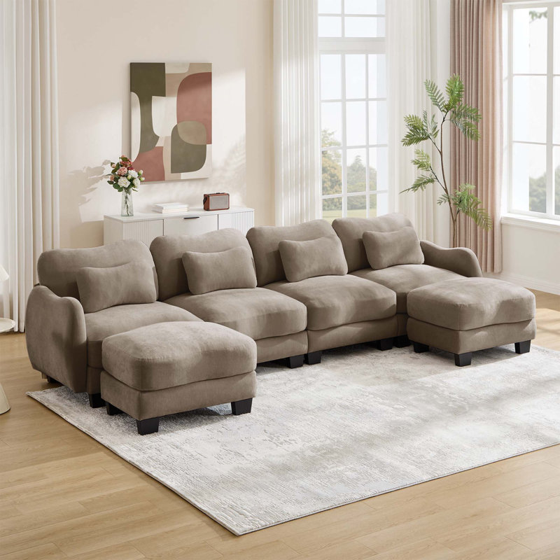 Canapé surdimensionné en U en chenille avec 4 coussins de taille exquise, canapé 4 places avec 2 repose-pieds mobiles