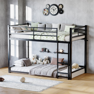 Lit superposé avec échelle et lit superposé en métal à garde-corps haut, espace de rangement, silencieux, taille simple sur simple, noir