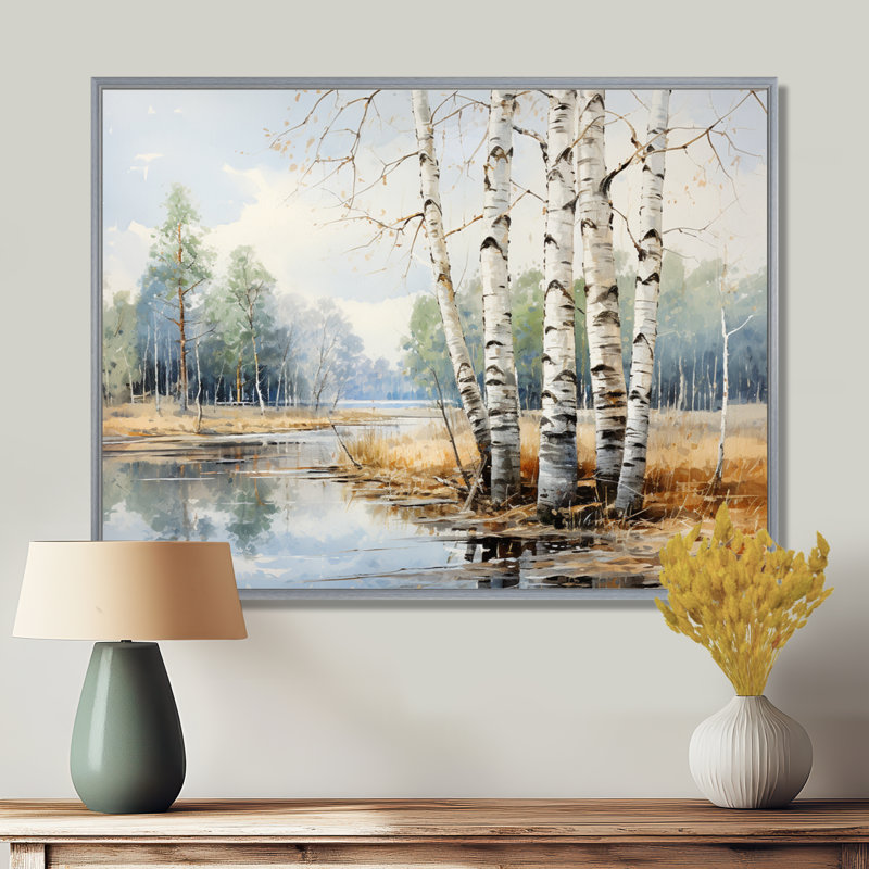 Impression sur toile de bouleau beige et gris, H 24 po x l 32 po x P 1 po, Silver Floater Framed