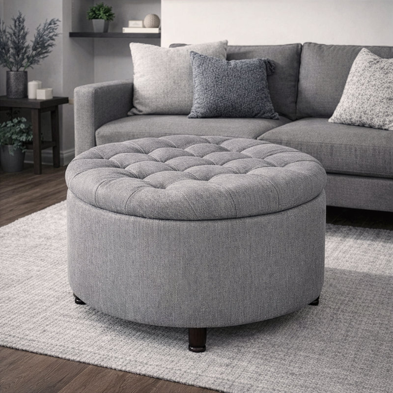 Niche Knight  28" Large Round Pintucked Storage Ottoman With Lift Off Lid - Gray, Dark Brown Wood, Gray