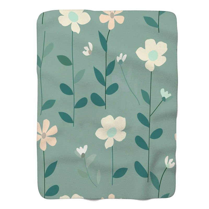 Couverture en sherpa de qualité supérieure - Mint-Teal Floral Simplicity - 1 pièce, Grand lit