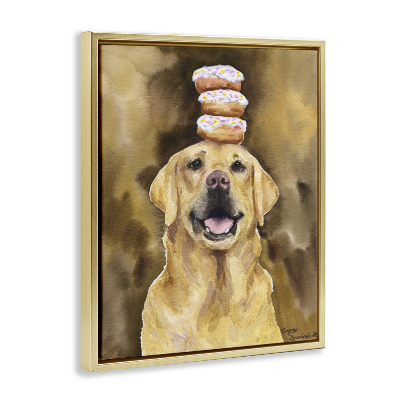 Happy Golden Retriever avec cadre flottant Donuts, conception de George Dyachenko, H 31 po x l 25 po