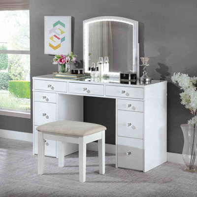 Contemporary Style 1pc Vanity Set 3mm Mirror LED Lights Storage Drawers Wooden Glides White Finish Stool Included Bedroom Furniture