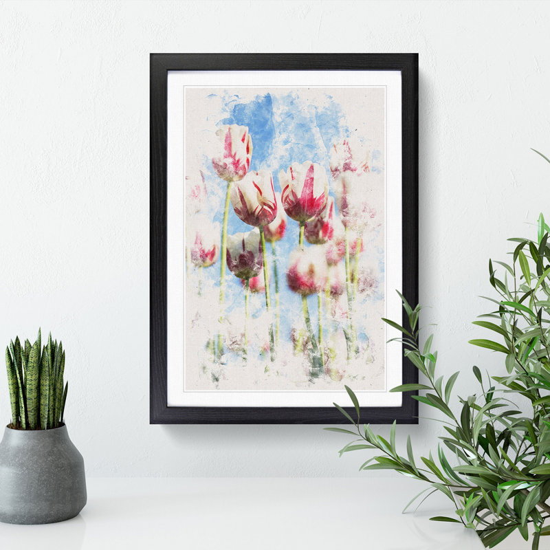Pink & White Tulip Flowers - Picture Frame Painting Print, 87cm H x 62cm W x 2cm D, Black Framed