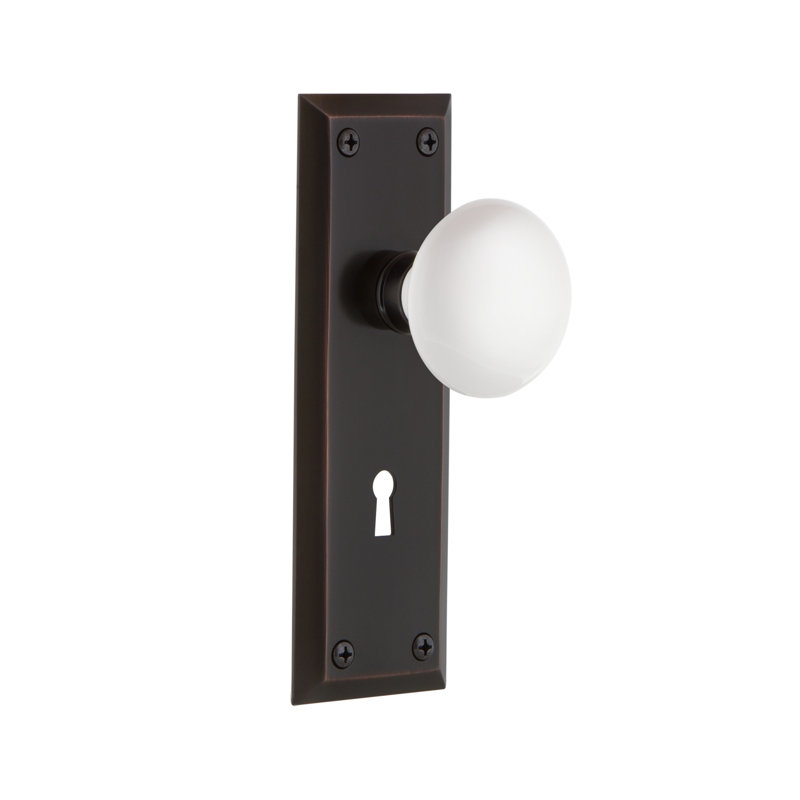 Poignée de porte intérieure blanche en porcelaine blanche avec plaque longue New York, Bronze intemporel