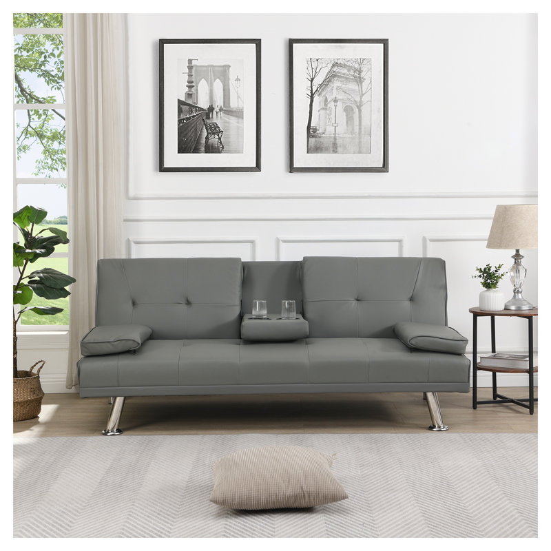 Canapé-lit convertible gris avec accoudoirs et structure en bois
